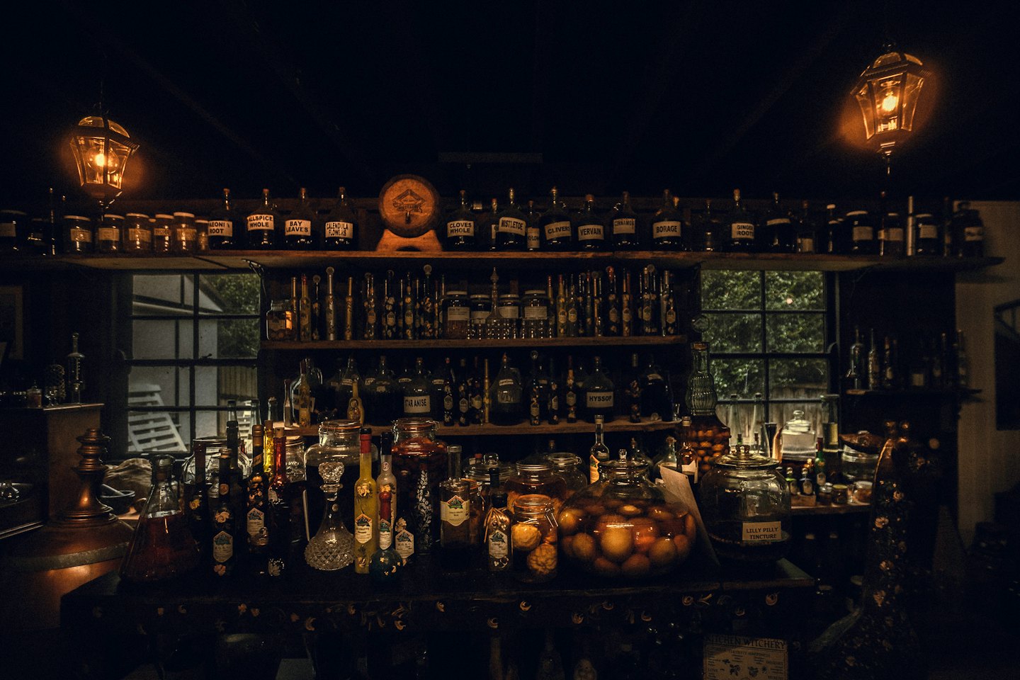 Des bouteilles en verre et des herbes séchées garnissent les étagères d'une apothicairerie rustique.